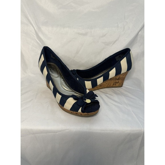 Dexflex Comfort Navy & White Stripe Shoes 7 Canvas Wedge Slip On Open Toe - Picture 1 of 5